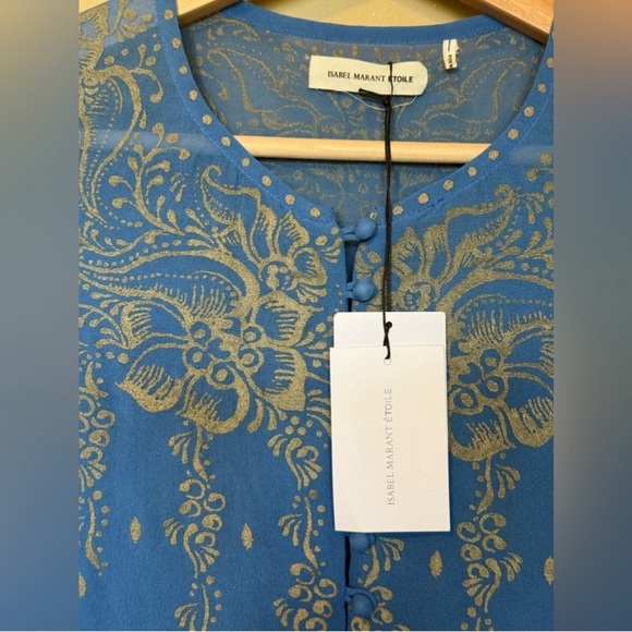 ISABEL MARANT ÉTOILE Sheer Silk Printed Button Up Top Blue Gold Size Small - Picture 8 of 11